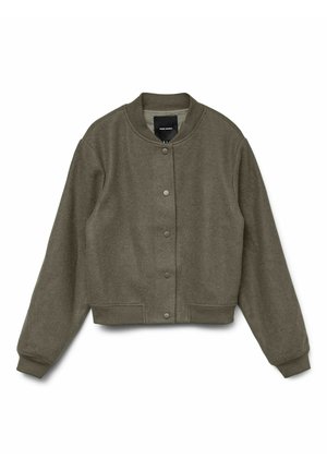 Veste bomber courte vert olive avec fermeture à boutons-pression, col, poignets et ourlet côtelés, et manches longues.