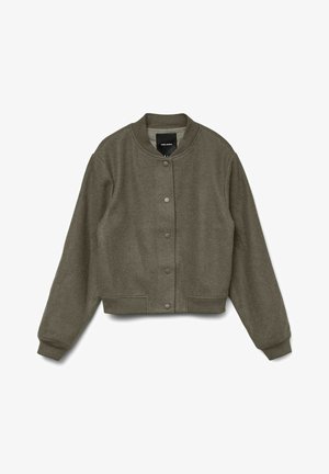 Olive roheline lühendatud pommitajajaak snap-nööbi kinnituse, soonikuga krae, varrukate ja alaäärega ning pikkade varrukatega.