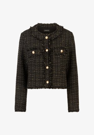 Giacca nera corta realizzata in tessuto testurizzato con filo dorato, dotata di chiusura a bottone, design cropped e orli sfilacciati. Quattro tasche frontali.
