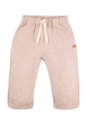 Beige Kleinkinderhose mit vertikalen weißen Streifen, elastischem Bund, Kordelzug, umgeschlagenen Säumen und kleinem braunem Logo-Patch an der Seite.