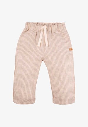 Beige Kleinkinderhose mit vertikalen weißen Streifen, elastischem Bund, Kordelzug, umgeschlagenen Säumen und kleinem braunem Logo-Patch an der Seite.