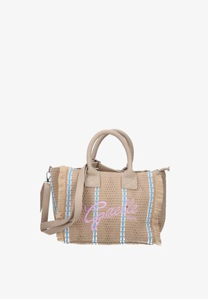 Borsa tote beige intrecciata con strisce verticali blu e bianche, bordi sfrangiati, doppi manici, tracolla regolabile e ricamo rosa "Gaelle Paris".