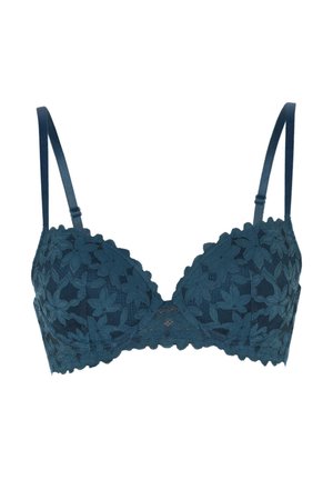 Reggiseno in pizzo teal con motivo floreale, spalline regolabili, bordo ondulato, coppe sagomate e dettagli floreali sul fronte.