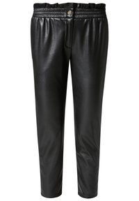 Pantalon noir en simili cuir avec une texture lisse, une taille élastique et une fermeture par bouton à l'avant. Coupe ajustée avec jambes fuselées.