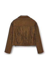 Giacca in suede marrone con retro frangiato, colletto e maniche lunghe. Il tessuto presenta una superficie liscia e una vestibilità casual.