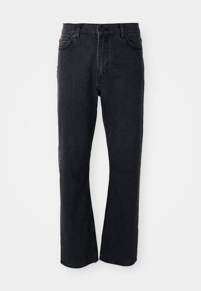 Black denim jeans with a straight leg design, high waist, button closure, and subtle stitching details along the pockets and seams.