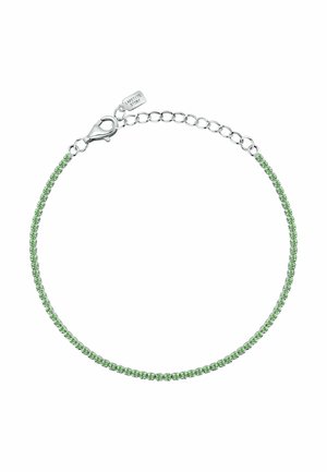 Silberarmband mit kleinen grünen Edelsteinen, Karabinerverschluss und verstellbarer Kette mit Anhänger mit der Aufschrift „LA PETITE STORY.“