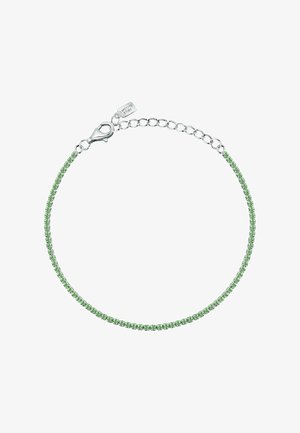 Silberarmband mit kleinen grünen Edelsteinen, Karabinerverschluss und verstellbarer Kette mit Anhänger mit der Aufschrift „LA PETITE STORY.“