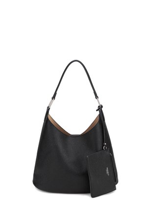 Zwarte gestructureerde leren schoudertas met een gebogen bovenkant en een aangehechte kleine bijpassende pouch met rits en logo.