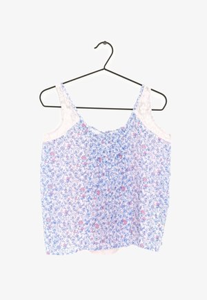 Top senza maniche floreale con motivi blu e rosa, realizzato in tessuto leggero, con dettagli in pizzo sulle spalle e un design con fronte arricciato.