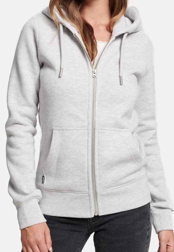 Sudadera con capucha gris claro con cremallera, hecha de tela suave, que cuenta con capucha, cordones y dos bolsillos delanteros. Puños y dobladillo acanalados para un ajuste ceñido.