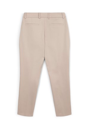 Pantaloni beige con una texture liscia, taglio slim e pancia piatta. Presentano quattro passanti per cintura e due tasche posteriori con una finitura pulita.