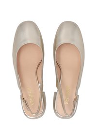 Metalické zlaté baleríny na opětovné nošení s kulatou špičkou, hladkým povrchem, měkkou stélkou a tenkým popruhem s detaily stříbrné spony.