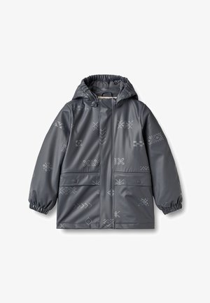 Dunkelgraue wasserdichte Kinderjacke mit Kapuze, vorderen Druckknopftaschen, elastischen Bündchen und dezenten verstreuten reflektierenden Mustern.