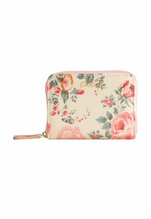 Väike tõmblukuga rahakott pastellroosade servadega, roosa ja rohelise lillemustriga ning kuldse "Cath Kidston" logoga koorevärvilisel taustal.