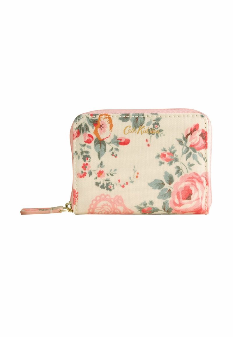 Malá peňaženka so zipsom, svetloružovým pastelovým okrajom, kvetinovým vzorom v ružovej a zelenej farbe a zlatým logom "Cath Kidston" na krémovom pozadí.
