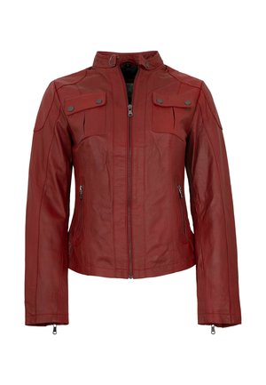 Rote Lederjacke mit Frontreißverschluss, zwei Brustklappentaschen mit Druckknöpfen, Reißverschlusstaschen an den Seiten und hohem Kragen mit Druckknopfverschluss.