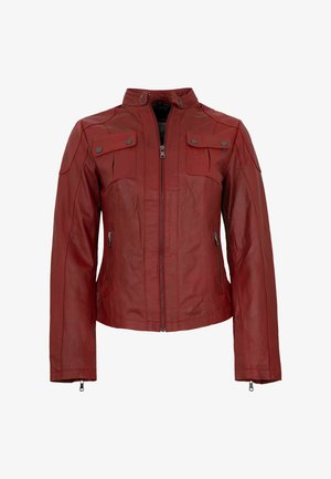 Red leather jacket with front zipper, two chest flap pockets with snap buttons, zippered side pockets, and a high collar with snap closure.