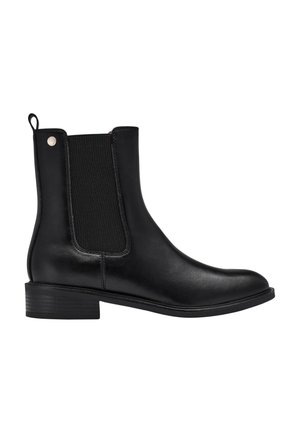 Schwarzer Chelsea-Stiefel aus Leder mit elastischem Seitenteil, Zuglasche an der Ferse, niedrigem Absatz und rundem Zehenbereich.