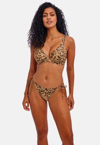 Leopard print bikini set featuring a molded bra with wide straps and adjustable tie-side bottoms, in shades of brown and tan.