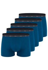 Pánské boxerky v jedné barvě teal, s černým páskem s logem a vzorem, vyrobené z měkké, elastické látky. Balení po pěti kusech.