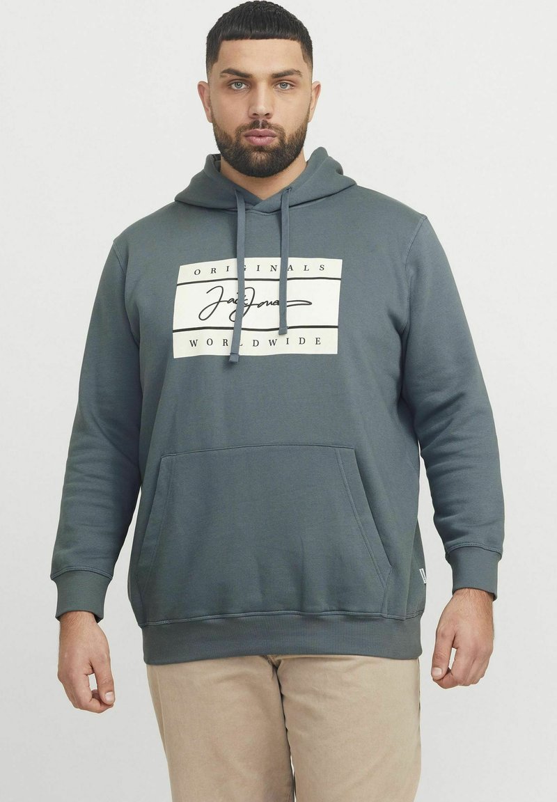 Grijze katoenen hoodie met een voorzak, verstelbare trekkoord capuchon en een witte graphic print op de borst. Geribbelde mouwen en zoom.