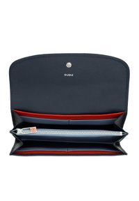 Navy leather wallet with a snap closure. Red and blue interior compartments, including a zip pocket and multiple card slots. DUDU logo present.