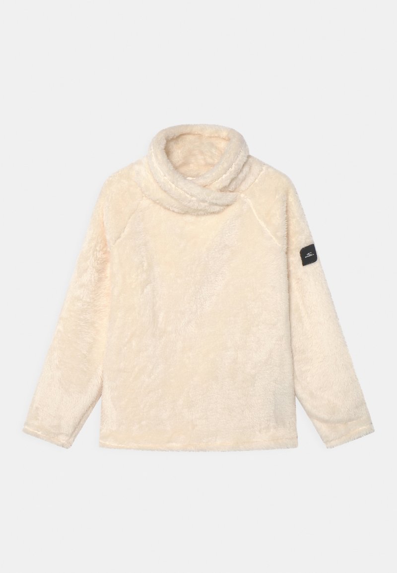 Pullover in pile crema con ampio collo a scialle, maniche raglan lunghe e etichetta nera sulla manica sinistra. Superficie morbida e strutturata.