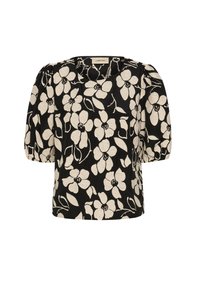 Blouse noire avec un motif floral blanc, manches bouffantes, col rond et tissu texturé pour un look structuré.