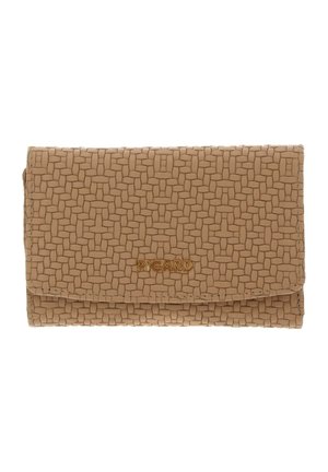 Portefeuille marron clair avec texture tissée et logo doré « PICARD » centré sur le rabat avant, rectangulaire aux bords arrondis.