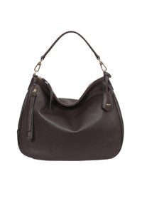 Brown leather handbag with a hobo design, featuring a single shoulder strap and a zippered pocket on one side. Textured finish and gold hardware.