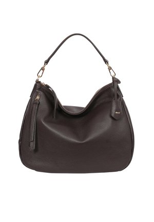 Braune Lederhandtasche im Hobo-Design, mit einem einzelnen Schultergurt und einer Reißverschlusstasche auf einer Seite. Strukturierte Oberfläche und goldfarbene Beschläge.