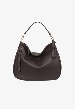 Braune Lederhandtasche im Hobo-Design, mit einem einzelnen Schultergurt und einer Reißverschlusstasche auf einer Seite. Strukturierte Oberfläche und goldfarbene Beschläge.