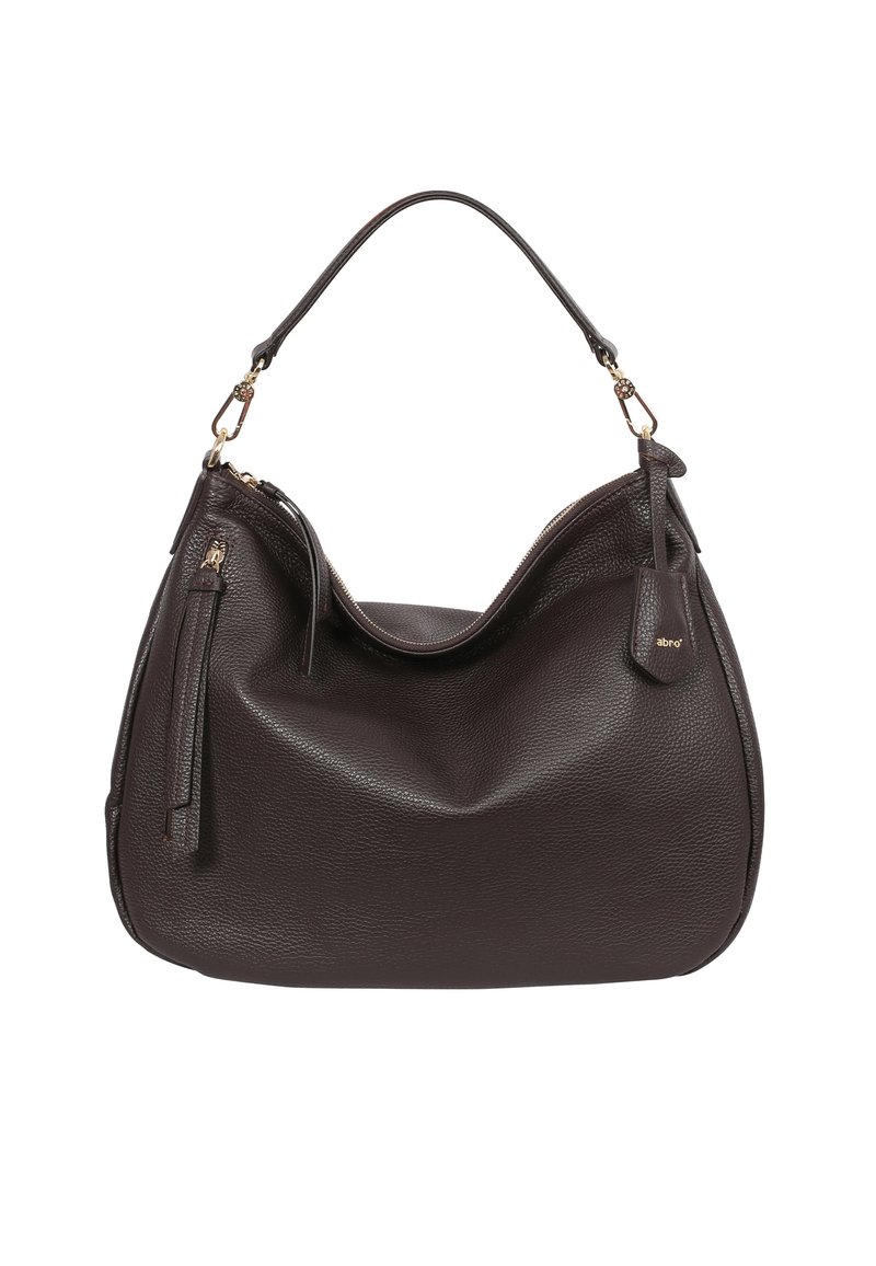 Brown leather handbag with a hobo design, featuring a single shoulder strap and a zippered pocket on one side. Textured finish and gold hardware.