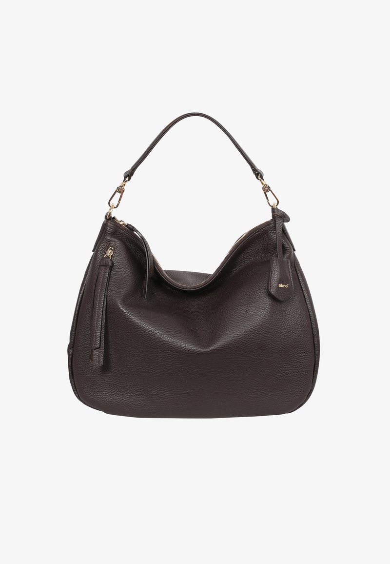 Brown leather handbag with a hobo design, featuring a single shoulder strap and a zippered pocket on one side. Textured finish and gold hardware.