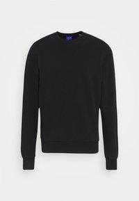 Sudadera negra de tejido suave, con cuello redondo, mangas largas y puños y dobladillo acanalados. Textura lisa, diseño minimalista.