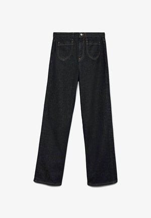 Svarta denimbyxor med vida ben och avslappnad passform, som har två framfickor, nitar och kontrasterande orange sömmar.