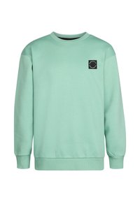 Sweatshirt vert menthe en tissu doux, avec un col rond, des manches longues et une petite étiquette noire logo à l'avant.