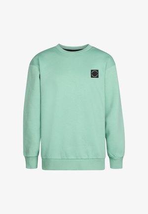 Hanorac verde mentă, fabricat dintr-un material moale, cu guler rotund, mâneci lungi și un mic patch cu logo negru pe față.