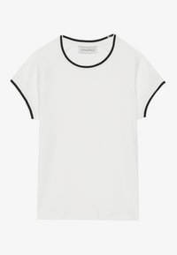 White t-shirt with black contrast stitching along the neckline and sleeves, featuring a round neck and short raglan sleeves. Fabric appears smooth.