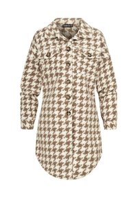 Cămașă-jachetă cu model houndstooth în nuanțe de maro și bej, cu guler, butonieră frontală și două buzunare la piept. Fabricată dintr-un material moale, cu mâneci lungi.