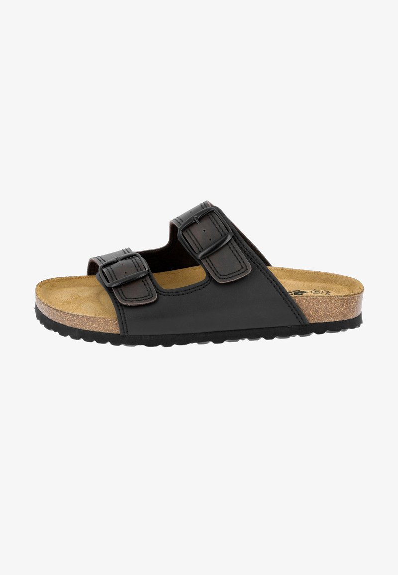 Black sandal with two adjustable straps, a cork footbed, and a textured rubber sole. Smooth synthetic upper and light padding for comfort.
