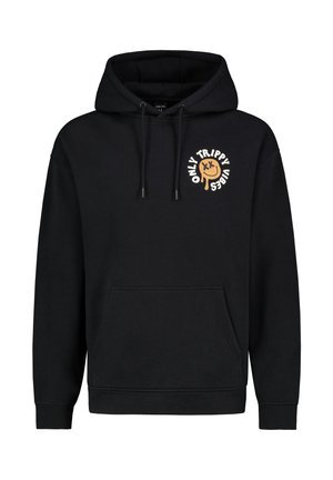 Schwarzer Hoodie aus einer Baumwollmischung, mit einer Fronttasche, Kapuze mit Kordelzug und einem bunten Grafiklogo auf der Brust.