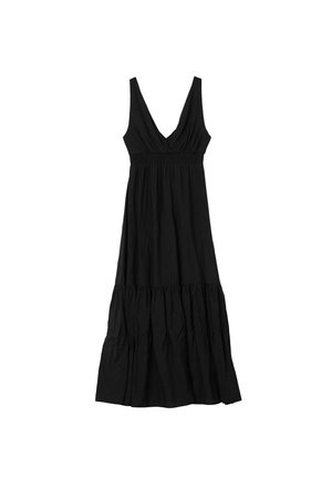 Schwarzes Maxikleid aus leichtem Stoff, mit einem tiefen V-Ausschnitt, breiten Trägern und einem gestuften Rock mit fließender Silhouette.