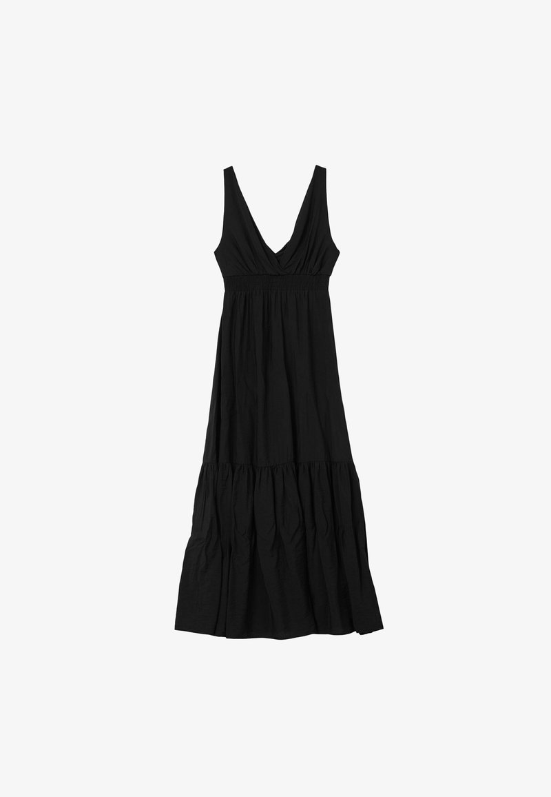 Robe noire sans manches avec un décolleté en V profond, une taille smockée et une jupe à volants. Fabriquée à partir d'un tissu doux et léger.