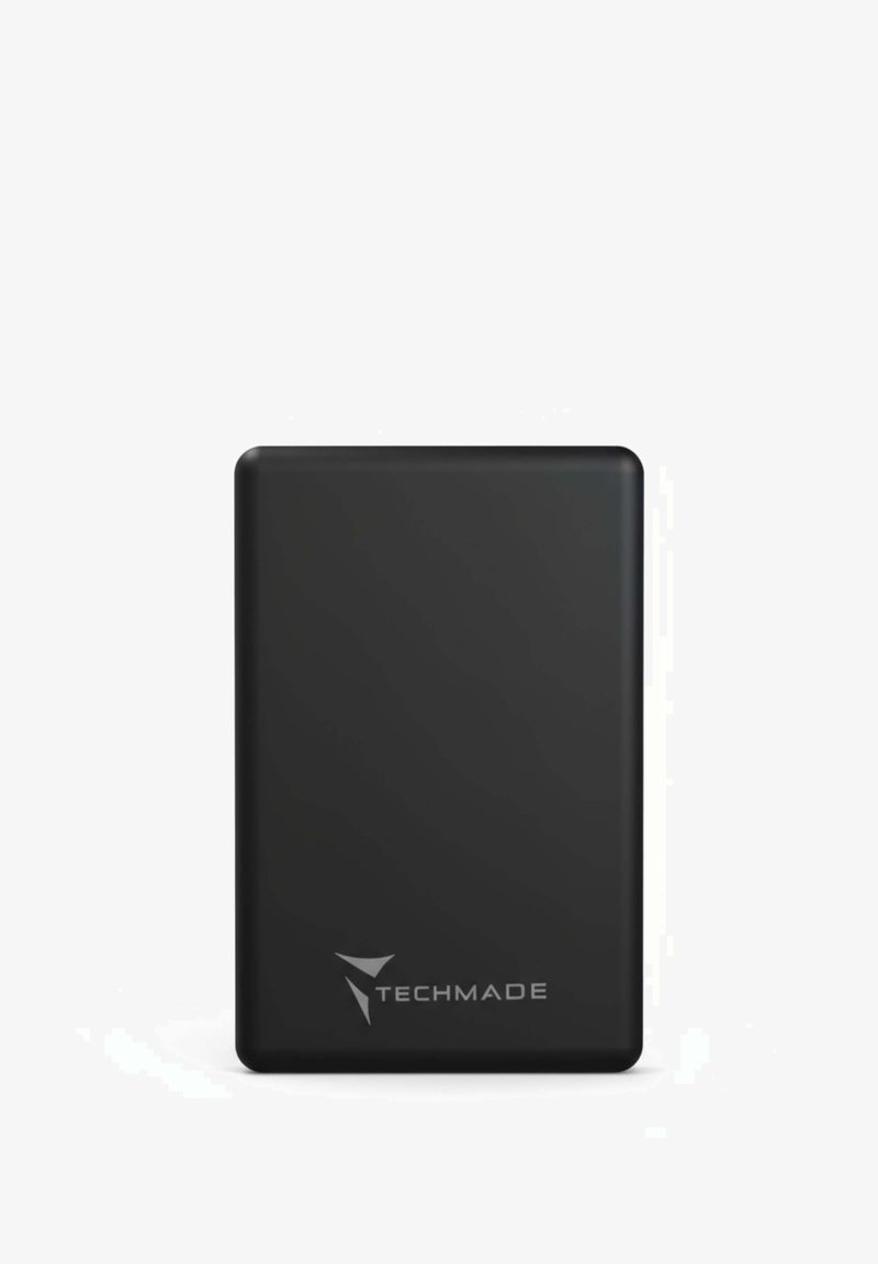 Caricatore portatile, forma rettangolare, esterno in plastica nera opaca, superficie liscia, con logo bianco "TECHMADE" nell'angolo in basso.