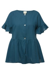 Tyrkysová peplum blůza vyrobená z lehké látky s krátkými volánkovými rukávy a kulatým výstřihem, s knoflíkovým zapínáním vpředu.