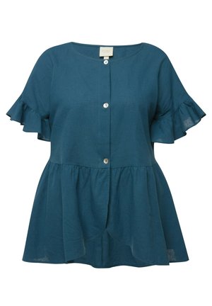 Teal peplumtop van lichtgewicht stof met korte gerimpelde mouwen en een ronde halslijn, met knoopsluiting aan de voorkant.