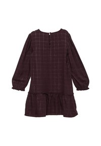 Dunkelburgunderfarbendes Kleid mit langen Puffärmeln, einem rüschierten Saum und einem karierten Muster. Verfügt über einen Schlüssellochverschluss im Rücken mit einem Knopf.