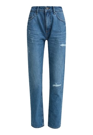 Light blue denim jeans with a high waist, straight cut, and distressed patches on the front. Classic five-pocket design with a button closure.